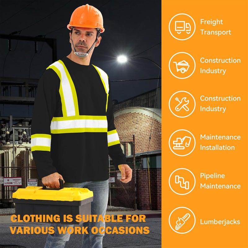DPSAFETY Hi Vis Safety Long Sleeve Shirts，High Visibility Class 3 T Shirts with Reflective Strips and Pocket, Quick Dry Mesh Construction Work Shirt for Men/Women (Black,6XL) - Image 5